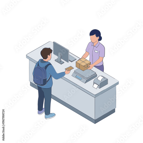 A man hands a credit card to a cashier at a checkout counter.