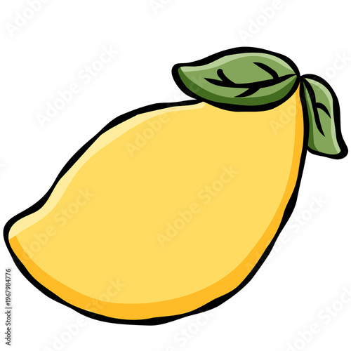 Cute hand drawn yellow lemon with green leaves doodle illustration