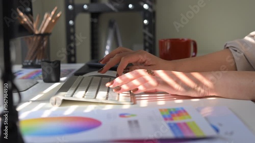 Closeup graphic designer woman working on creative desk computer.