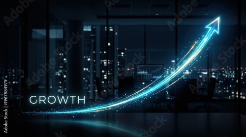 Bright ascending arrow illuminating night sky symbolizes robust expansion strategy visualization