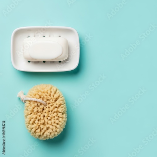 Soap and sponge on tray bathroom.