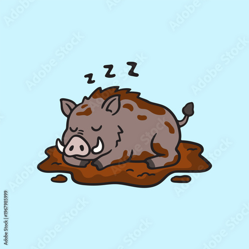 Cute Cartoon Wild Boar Sleeping Peacefully in a Mud Puddle Illustration