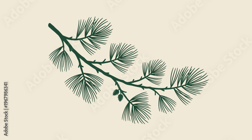 Minimalist Pine Branch Illustration with Small Cones - Vintage Green Evergreen Botanical Art on Beige Background