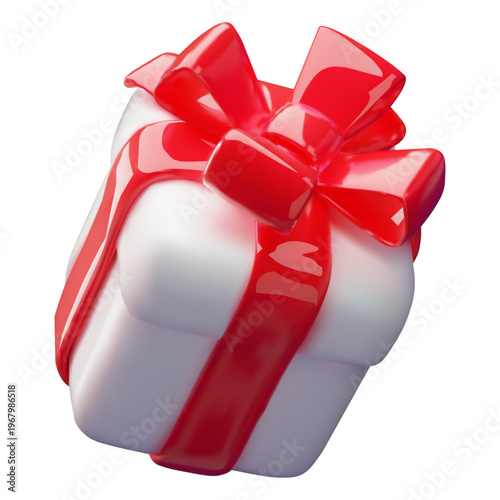3D realistic white gift box with red ribbon bow vector icon. Festive surprise close box floating. Volume holiday decoration. Glossy birthday or anniversary present. Romantic wrapping package isolated