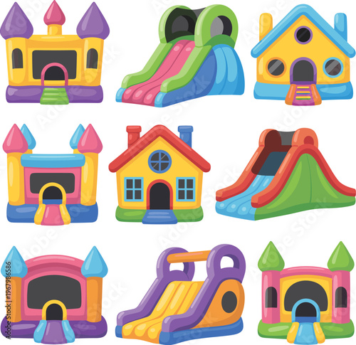 Kids playground inflatable bounce house and slides set, colorful amusement park equipment collection, fun children activity toys, cartoon vector illustration design