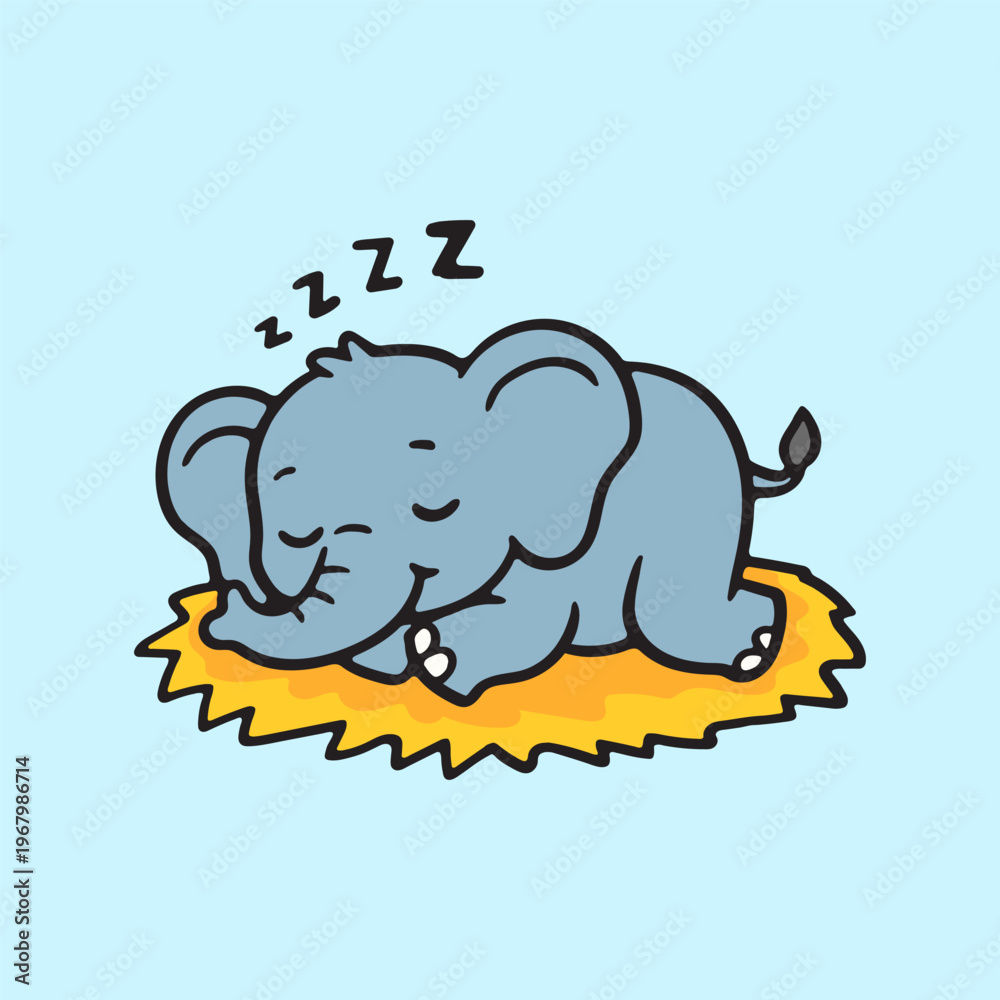 Obraz premium Charming cartoon elephant sleeping peacefully on a cozy golden bed of hay illustration