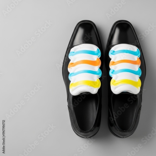 Colorful laces on black shoes.