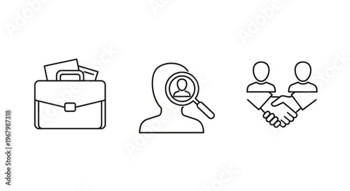 Line art icons depicting business recruitment and a successful agreement