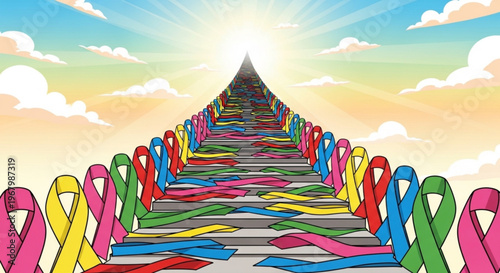 Colorful awareness ribbons on staircase leading to sunny sky with clouds symbolizing hope and support for various causes
