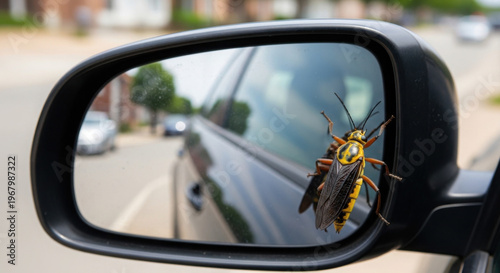 Insect on a side mirror observing the street during daytime  