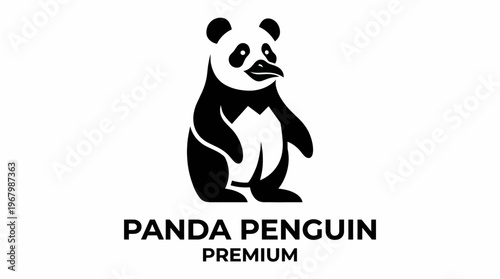 A sleek, minimalist panda-penguin logo design, combining elements of both animals, representing premium quality in a modern branding approach.