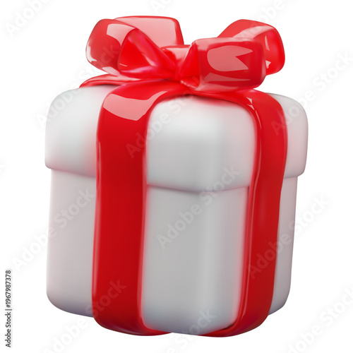 3D realistic white gift box with red ribbon bow vector icon. Festive surprise close gift box isolated. Volume holiday decoration. Render Birthday present. Glossy romantic wrapping package