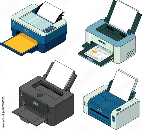 Office printers set, modern inkjet and laser printing devices collection, document printing equipment illustration, business technology tools, vector printer design pack