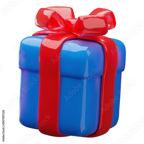 A closed 3D blue gift box with a red bow, side view. Holiday greetings, birthday, Christmas, Valentine's Day. Plastic glossy style. Render. Template for promotions. Vector cartoon illustration. Icon.