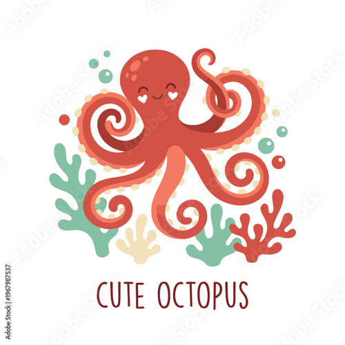 A cute cartoon octopus with a joyful expression swimming among colorful coral, designed to evoke feelings of happiness and playfulness in a cheerful underwater scene.