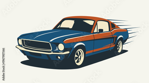 A classic Mustang car illustrated in a retro style, emphasizing its dynamic shape and vibrant colors, capturing the essence of speed and nostalgia from earlier automobile eras.