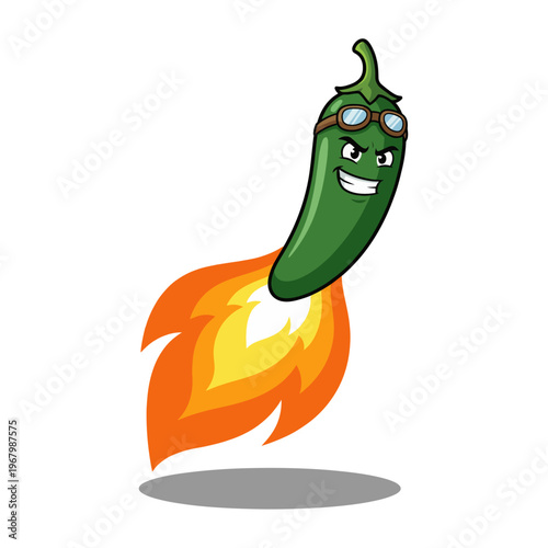 A charming cartoon chili pepper character depicted with a cheeky smile and jetpack thrusters, soaring through the air, symbolizing fun and spirited adventure in a playful design.