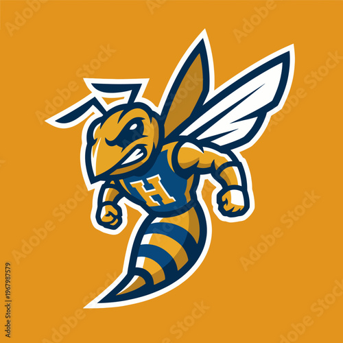 A striking logo of a hornet, characterized by its fierce expression and vibrant colors, symbolizing energy, strength, and teamwork for school spirit and branding.