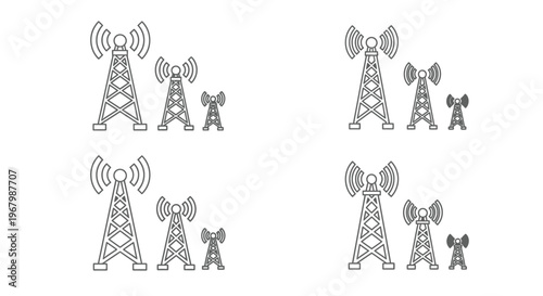 Line art illustration depicting various sizes of radio transmission towers