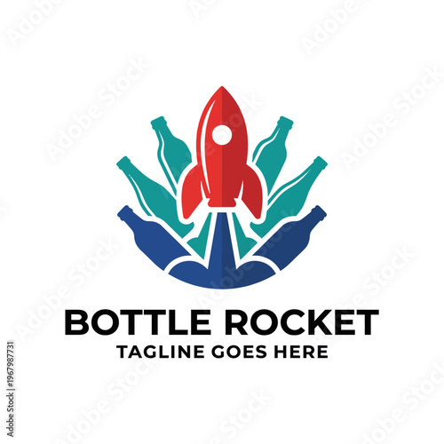 A quirky logo featuring a rocket launching from colorful bottles, illustrating creativity, innovation, and enthusiasm—ideal for start-ups, events, or eco-friendly campaigns.