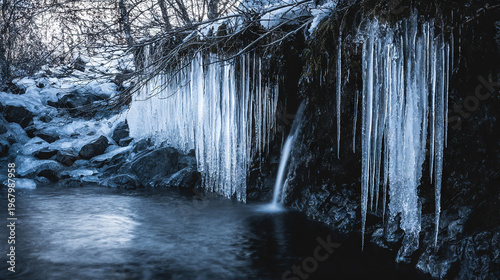 Icicle Formation on Winter Stream in Forest