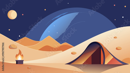 Desert Camping Night Flat Vector
