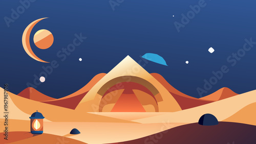 Desert Camping Night Flat Vector
