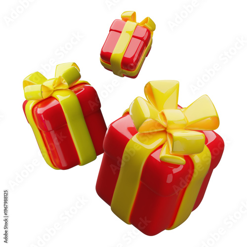 3D realistic gift boxes floating in the air. Three red gift boxes with yellow ribbon bow. Holiday surprise design. Vector glossy packages wrapping. Festive event present, happy celebration, kids party