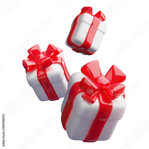 White 3D floating gift boxes of various sizes and sides, with closed lids and red bows. Glossy plastic style. Holiday greetings. Mockups for marketing, birthdays, and Christmas. Vector. Render.