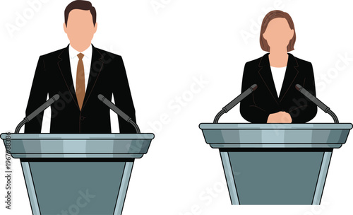 Politicians speaking at podiums, man and woman press conference illustration, public speech and debate concept vector design, leadership communication, modern flat style