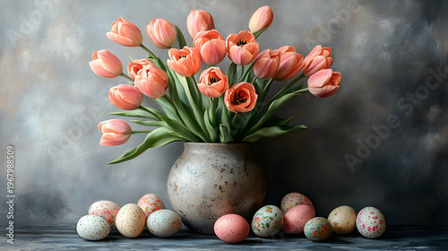 Colorful tulips in a vase with decorated eggs placed on a table during Easter time