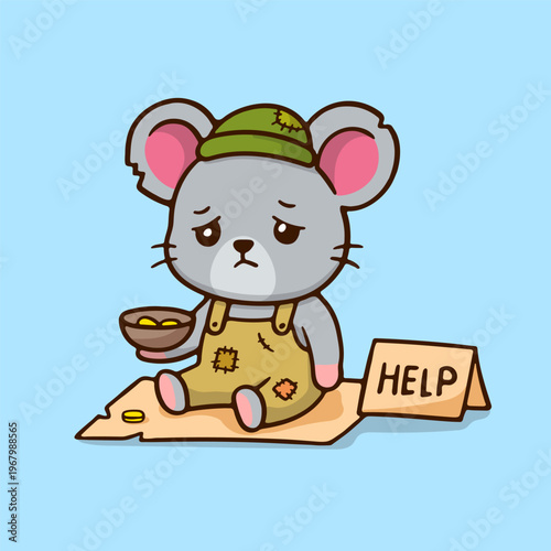 illustration A Despondent Cartoon Mouse Character Sits on Cardboard, Begging for Assistance