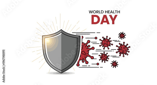 Illustration of a shield defending against virus particles on World Health Day, symbolizing global health awareness and protection.