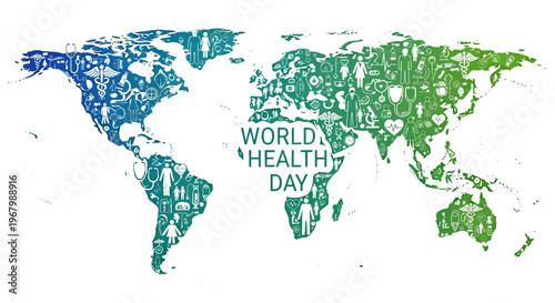 World Health Day illustration with a colorful world map and green and blue text on a white background promoting global health awareness and healthy lifestyle concept.