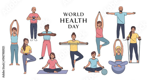 Illustration of diverse people practicing yoga poses for World Health Day, promoting global health awareness and wellness with a colorful and lively design.