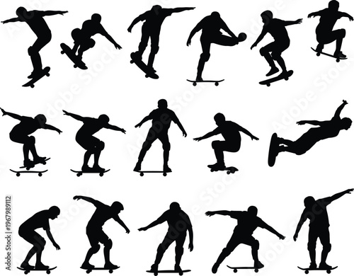 Skateboarder silhouettes set, skaters performing tricks jumps and flips collection, urban street sport activity vector illustration isolated on white background