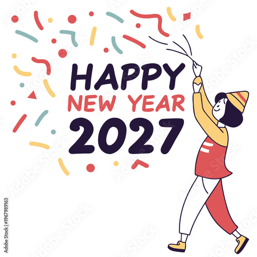 Happy new year 2027 celebration with colorful confetti and a smiling person wearing a party hat