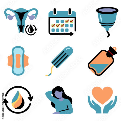 Menstrual health and hygiene icon set with uterus, calendar tracking, sanitary products and self care symbols Flat vector illustration