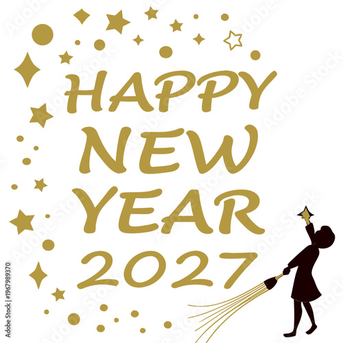 Happy new year 2027 celebration with a little girl and golden stars and sparkles