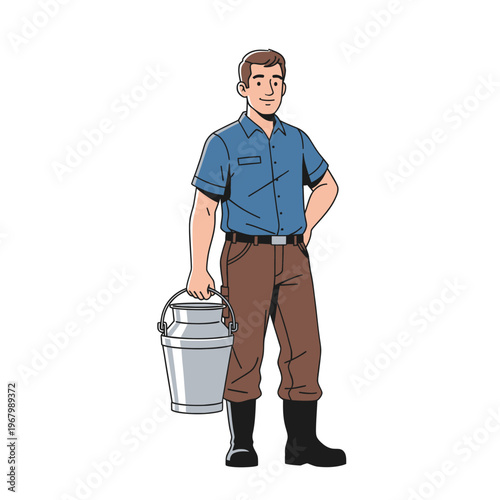 Farm worker with milk bucket, illustration of a man in farm attire holding a metal milk pail, agricultural labor