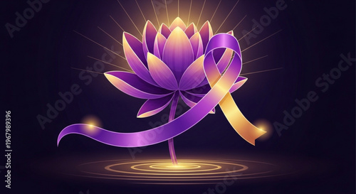 Purple lotus flower with glowing ribbon and radiant light on dark background symbolizing spiritual growth and enlightenment