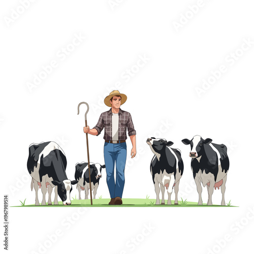 A friendly farmer in a hat with a shepherd's crook, tending to his black and white dairy cows and calves grazing on a green pasture, depicting a peaceful rural farm scene