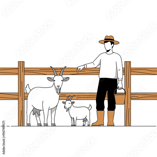 Farmer with goats on a farm, illustration of livestock and rural life