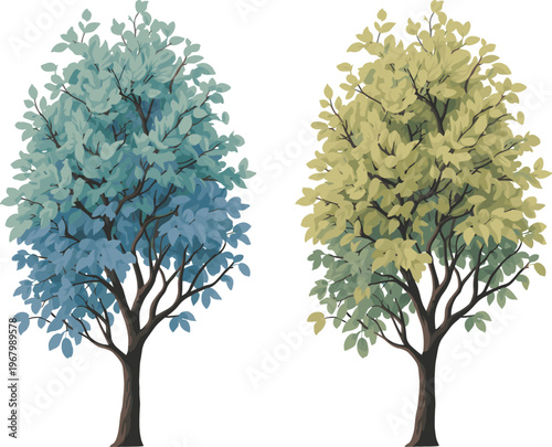 Stylized leafy trees illustration, blue and green foliage variations, natural forest elements, isolated vector collection for landscape, environment, and decorative design use
