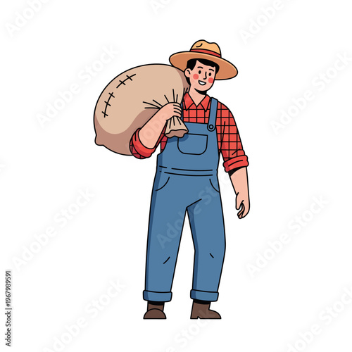 A happy farmer in overalls and a straw hat carries a large burlap sack of produce over his shoulder