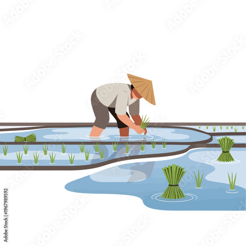 Dedicated Asian Farmer Manually Planting Young Rice Seedlings in Lush Green Paddy Fields, Symbolizing Traditional Agricultural Practices and Sustenance