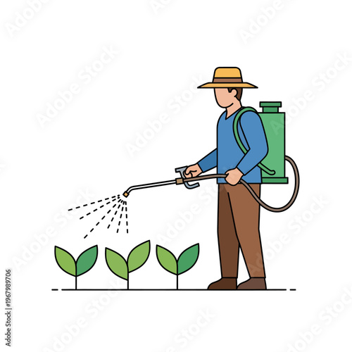 Farmer spraying pesticides on young plants in a field, promoting healthy growth and crop protection