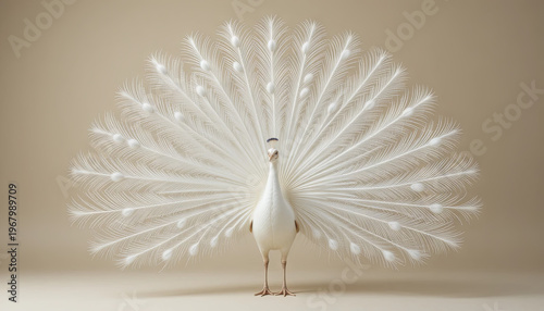 A white peacock stands in a studio with its feathers fully spread out. The background is light, and the peacock has an elegant posture