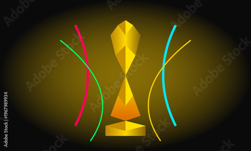Hand-drawn abstract golden trophy design with vibrant colorful curved lines on dark gradient background for tournament authentic illustration