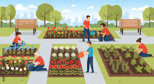 Woman watering flowers in the garden.